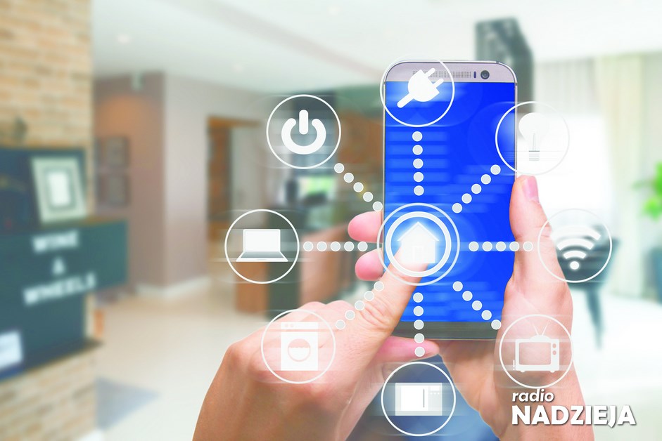 Smart home automation app on mobile with home interior in backgr