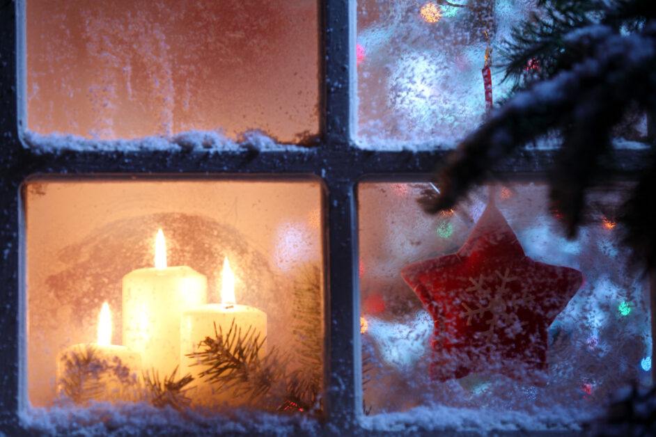 Frosted window with Christmas decoration