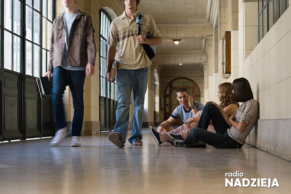 Teenagers in a college corridor