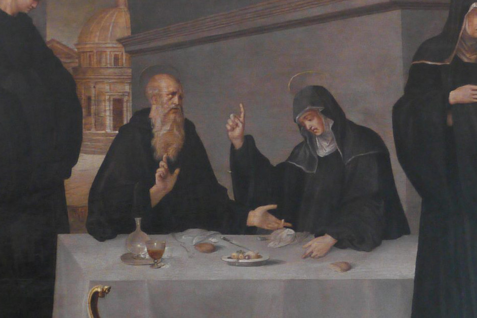 “Rozmowa św. Benedykta ze św. Scholastyką” : Andrea Sabattini, XVI w. : Opactwo Benedyktynów w Tyńcu