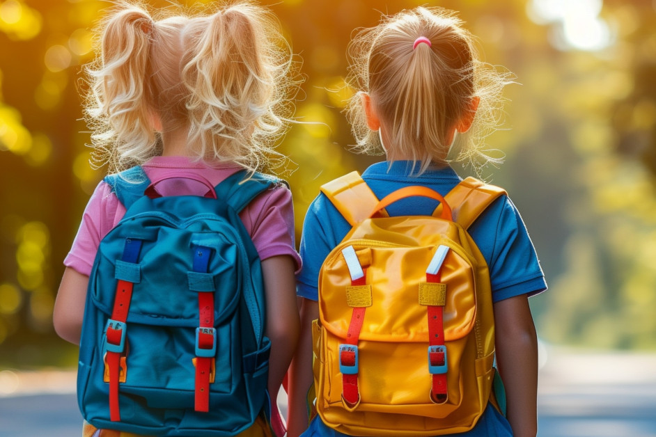 Schoolchildren with backpacks outside on a sunny day, created wi